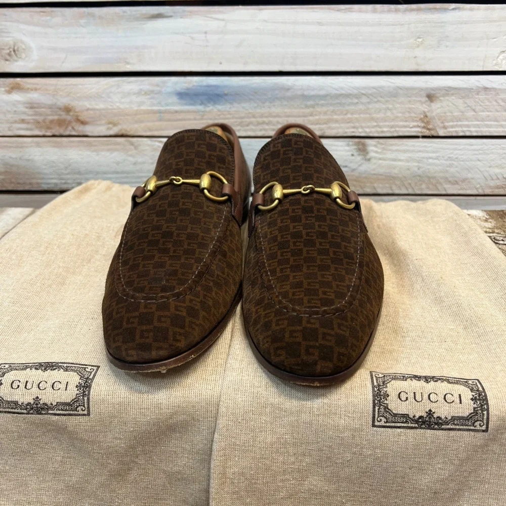 Gucci GG Monogram Suede Horsebit Loafers Brown Size 7.5 US 8.5